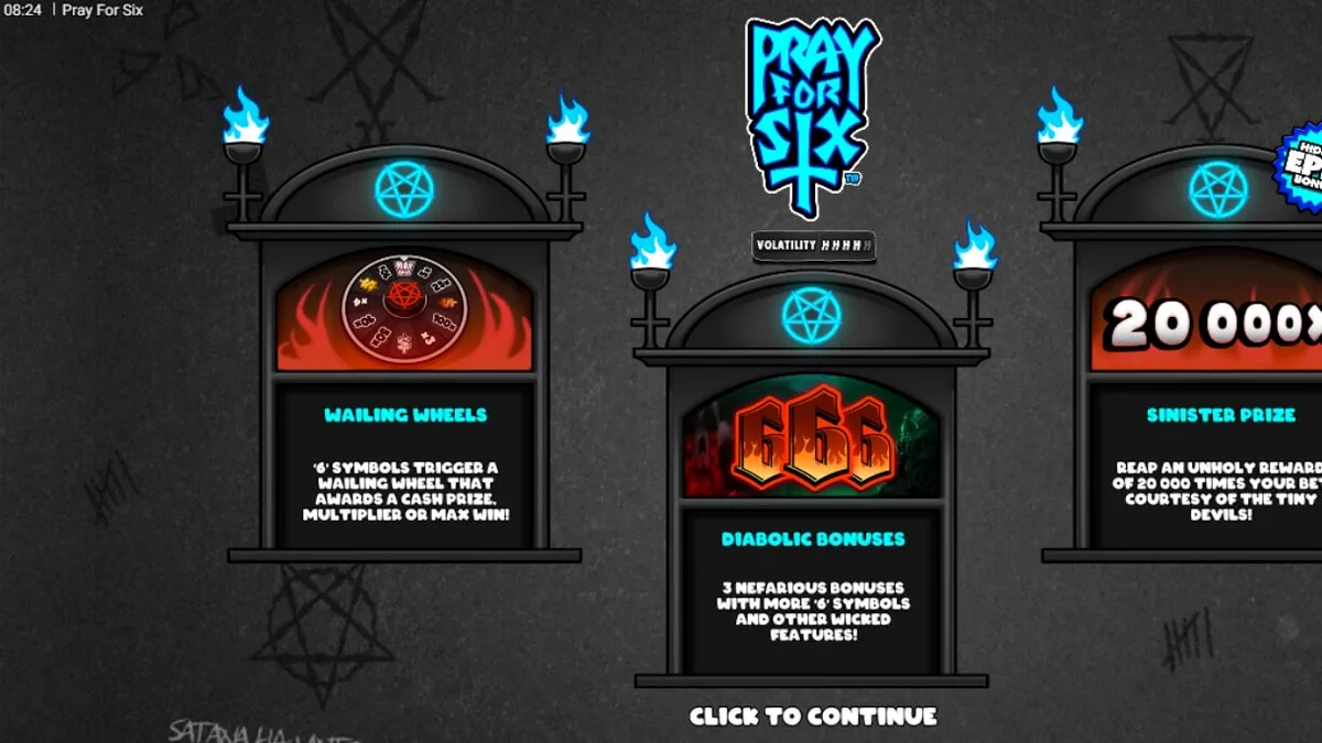Interface do slot Pray for Six com tema gótico e monocromático