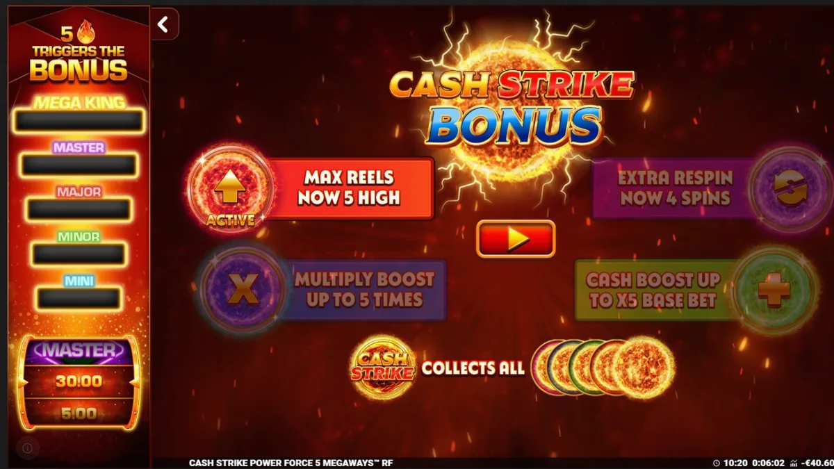 Interface de jogo do slot Cash Strike Power Force 5 Megaways com símbolos de frutas e neon